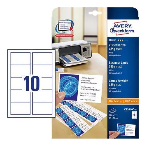 Névjegykártya, 85x54 mm, 185 g, mikroperforált, AVERY ZWECKFORM, 100 db/csomag