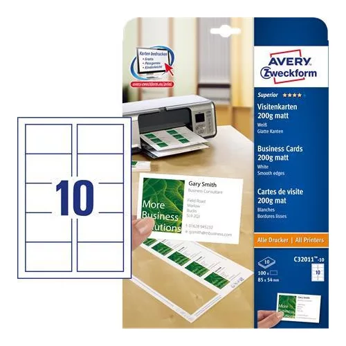 Névjegykártya, 85x54 mm, 200 g, mikroperforált, AVERY ZWECKFORM, 100 db/csomag
