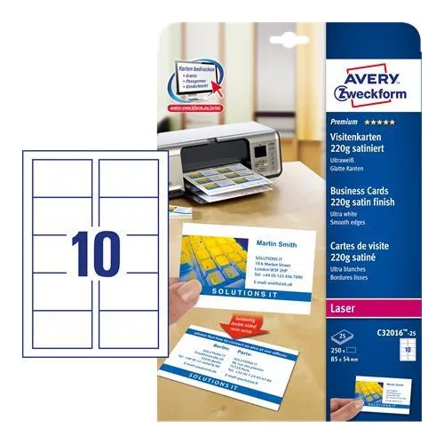 Névjegykártya, 85x54 mm, 220 g, mikroperforált, AVERY ZWECKFORM, 250 db/csomag