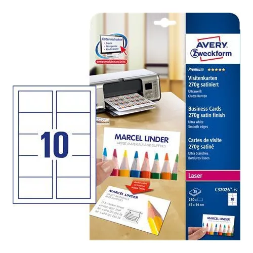 Névjegykártya, 85x54 mm, 270 g, mikroperforált,  AVERY ZWECKFORM, 250 db/csomag