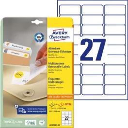   Etikett, univerzális, eltávolítható, 63,5x29,6 mm, AVERY ZWECKFORM, 810 etikett/csomag