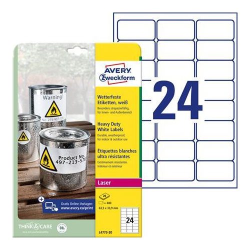 Etikett, 63,5x33,9 mm, poliészter, időjárásálló, AVERY ZWECKFORM, fehér, 480 etikett/csomag