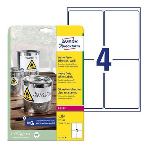 Etikett, 99,1x139 mm, poliészter, időjárásálló, AVERY ZWECKFORM, fehér, 80 etikett/csomag