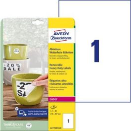   Etikett, 210x297 mm, poliészter, időjárásálló, etávolítható, AVERY ZWECKFORM, fehér, 20 etikett/csomag