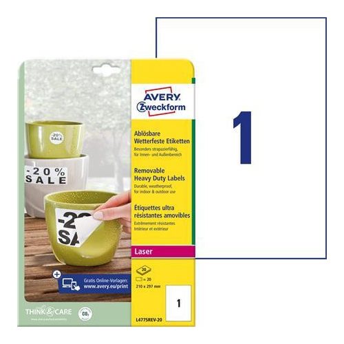 Etikett, 210x297 mm, poliészter, időjárásálló, etávolítható, AVERY ZWECKFORM, fehér, 20 etikett/csomag