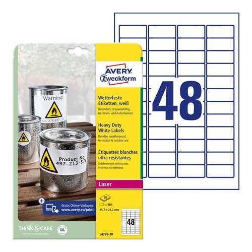 Etikett, 45,7x21,2 mm, poliészter, időjárásálló, AVERY ZWECKFORM, fehér, 960 etikett/csomag