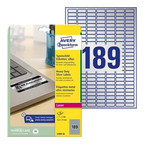 Etikett, 25,4x10 mm, poliészter, időjárásálló, AVERY ZWECKFORM, ezüst, 3780 etikett/csomag