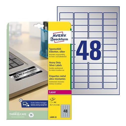 Etikett, 45,7x21,2 mm, poliészter, időjárásálló, AVERY ZWECKFORM, ezüst, 960 etikett/csomag