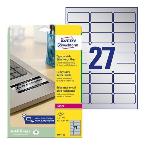Etikett, 63,5x29,6 mm, poliészter, időjárásálló, AVERY ZWECKFORM, ezüst, 540 etikett/csomag