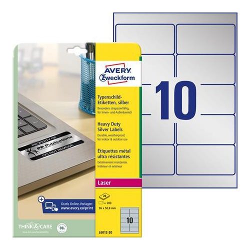 Etikett, 96x50,8 mm, poliészter, időjárásálló, AVERY ZWECKFORM, ezüst, 200 etikett/csomag