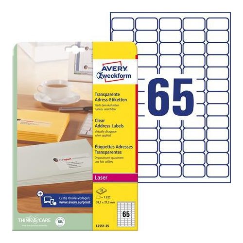 Etikett, poliészter, 38x21,2 mm, kerekített sarkú, AVERY ZWECKFORM, átlátszó, 1625 etikett/csomag