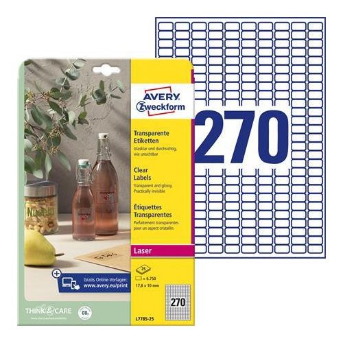 Etikett, 17,8x10 mm, poliészter, AVERY ZWECKFORM, átlátszó, 6750 etikett/csomag