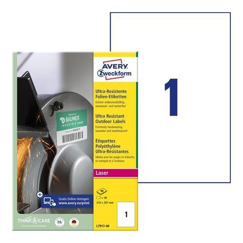 Etikett, univerzális, 210x297 mm, extra erős, polietilén, AVERY ZWECKFORM, 40 etikett/csomag