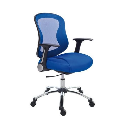 Irodai szék, karfával, kék szövetborítás, feszített hálós háttámla, króm lábkereszt, MAYAH "Spirit"