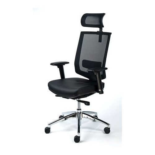 Exkluzív fejtámaszos irodai szék, fekete bőrborítás, feszített hálós háttámla, alumínium lábkereszt, MAYAH "Maxy"