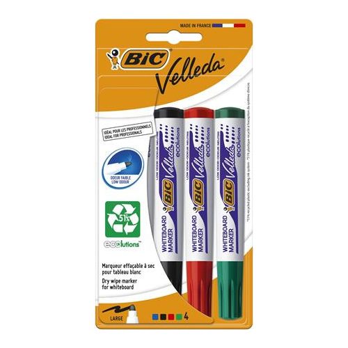 Flipchart- és táblamarker készlet, 1,4 mm, kúpos, BIC" Velleda ecolutions", 4 különböző szín
