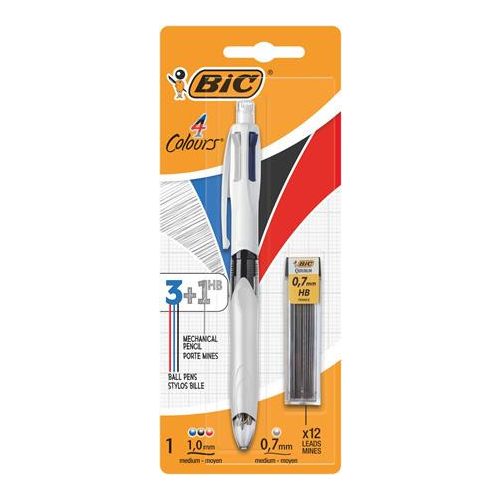 Golyóstoll, háromszínű, nyomósirónnal egyben, BIC "4 Colours" + grafitbél
