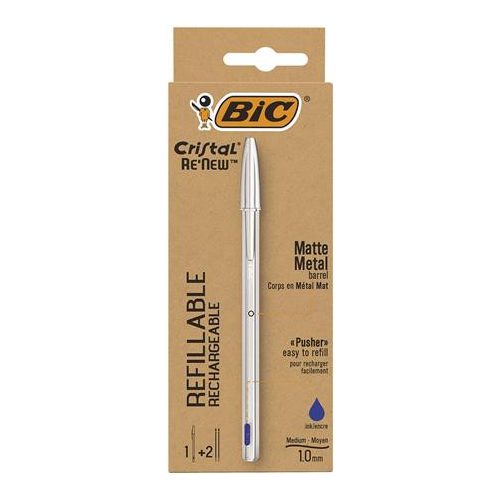 Golyóstoll 0,32 mm, kupakos, matt ezüst színű tolltest, BIC "Cristal Re'New", kék + betét