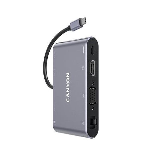USB elosztó-HUB, USB-C/USB 3.0/HDMI/VGA/Ethernet/audio, CANYON "DS-14"