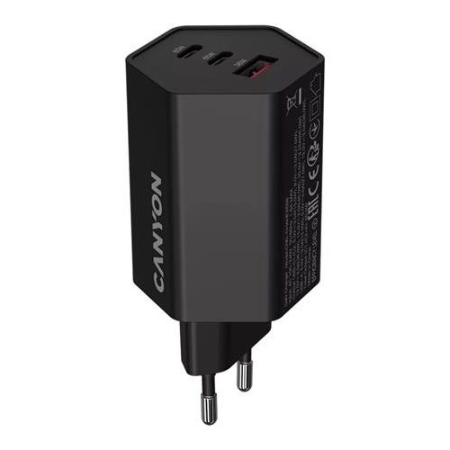 Hálózati töltő, 1xUSB-A, 2xUSB-C, 65W, CANYON "Hexagon 65", fekete