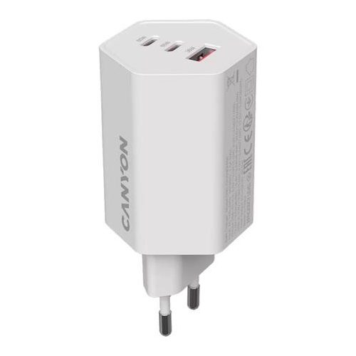 Hálózati töltő, 1xUSB-A, 2xUSB-C, 65W, CANYON "Hexagon 65", fehér