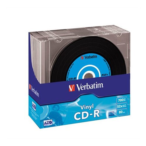 CD-R lemez, bakelit lemez-szerű felület, AZO, 700MB, 52x, 10 db, vékony tok, VERBATIM "Vinyl"