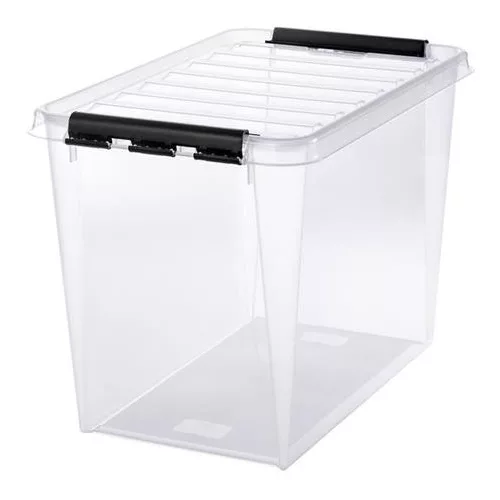 Műanyag tárolódoboz, 61 liter, fekete fogantyúkkal, SMARTSTORE "Classic 65", átlátszó