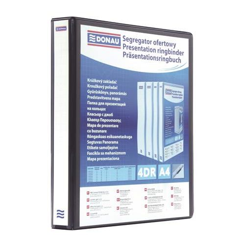 Gyűrűs könyv, panorámás, 4 gyűrű, D alakú, 20 mm, A4, PP, DONAU, fekete