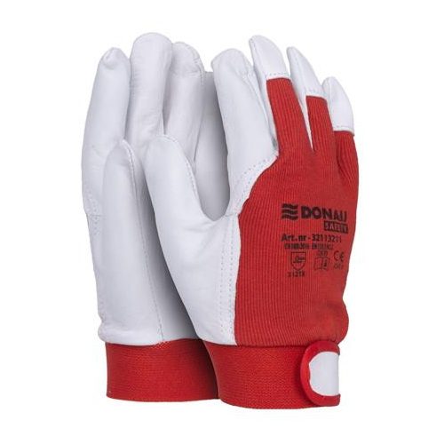 Védőkesztyű, kecskebőr, DONAU "Safety", 8/M méret, fehér-piros