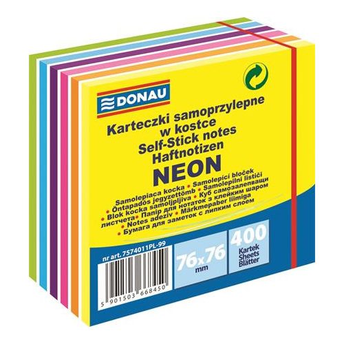 Öntapadó jegyzettömb, 76x76mm, 400 lap, DONAU, fehér és neon színek
