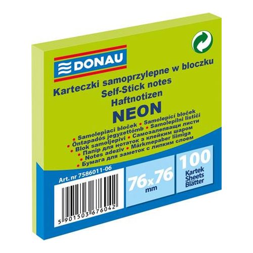 Öntapadó jegyzettömb, 76x76 mm, 100 lap, DONAU, neon zöld