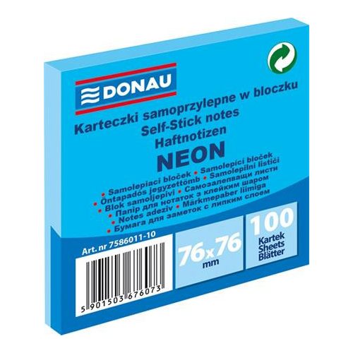 Öntapadó jegyzettömb, 76x76 mm, 100 lap, DONAU, neon kék