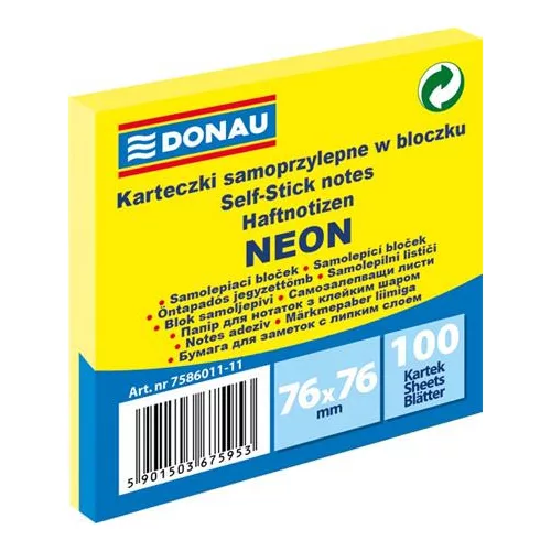 Öntapadó jegyzettömb, 76x76 mm, 100 lap, DONAU, neon sárga