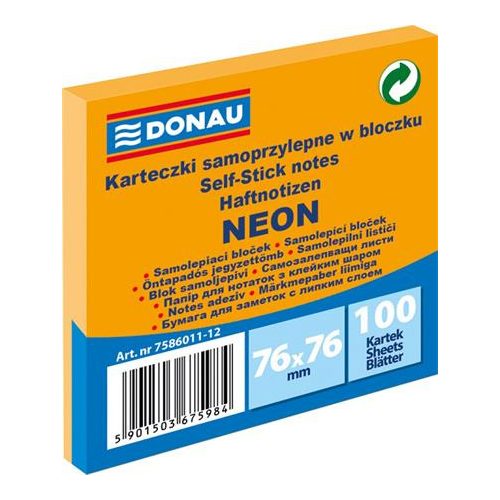 Öntapadó jegyzettömb, 76x76 mm, 100 lap, DONAU, neon narancssárga