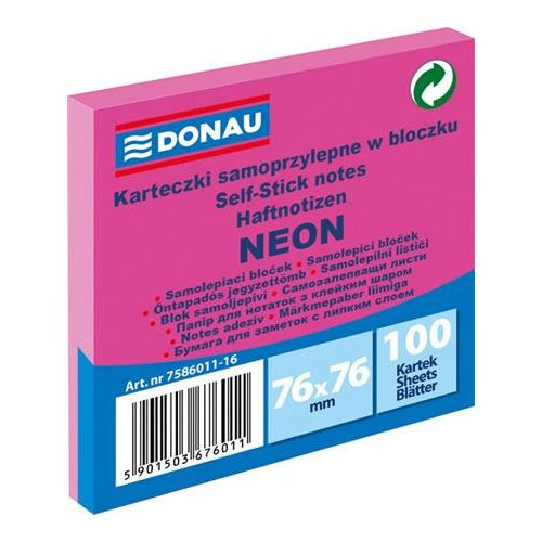 Öntapadó jegyzettömb, 76x76 mm, 100 lap, DONAU, neon rózsaszín