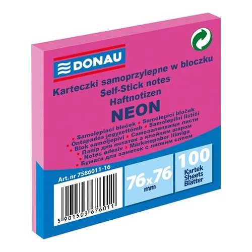 Öntapadó jegyzettömb, 76x76 mm, 100 lap, DONAU, neon rózsaszín