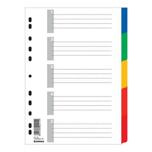Regiszter, műanyag, A4, 5 részes, DONAU, színes