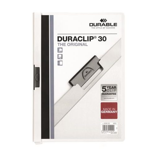 Gyorsfűző, klipes, A4, DURABLE "DURACLIP® 30", fehér