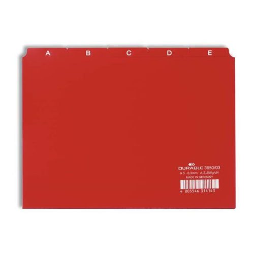 Regiszter, PP, A5, 25 részes, A-Z, DURABLE, piros