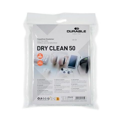 Tisztítókendő, képernyőhöz, 50 db, DURABLE "DRY CLEAN 50", fehér