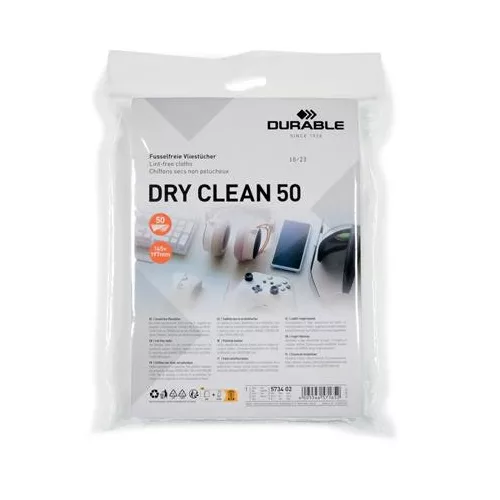 Tisztítókendő, képernyőhöz, 50 db, DURABLE "DRY CLEAN 50", fehér