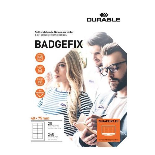 Névkitűző, textil, öntapadó, 40x75 mm, DURABLE "Badgefix", fehér