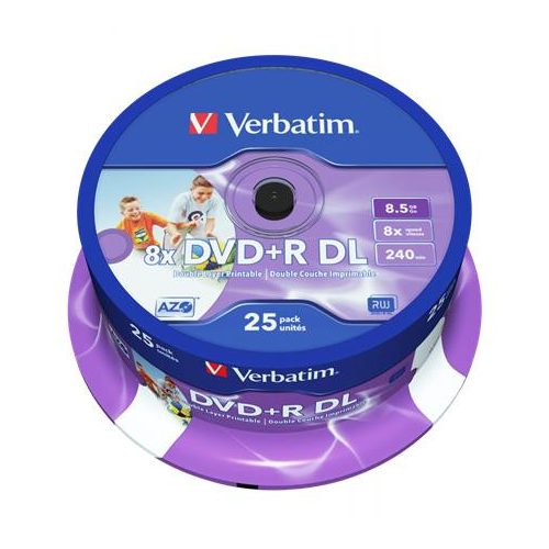 DVD+R lemez, kétrétegű, nyomtatható, no-ID, 8,5GB, 8x, 25 db, hengeren, VERBATIM "Double Layer"