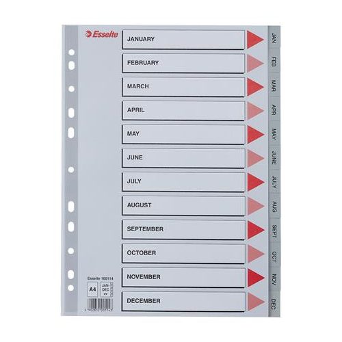 Regiszter, műanyag, A4, Jan-Dec, ESSELTE, szürke