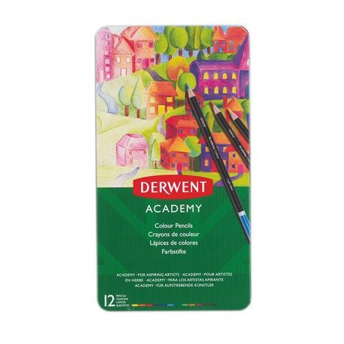 Színes ceruza készlet, fém doboz, DERWENT "Academy", 12 különböző szín