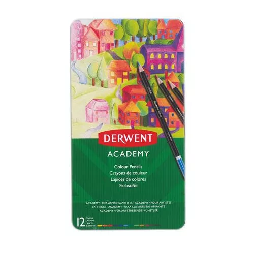 Színes ceruza készlet, fém doboz, DERWENT "Academy", 12 különböző szín