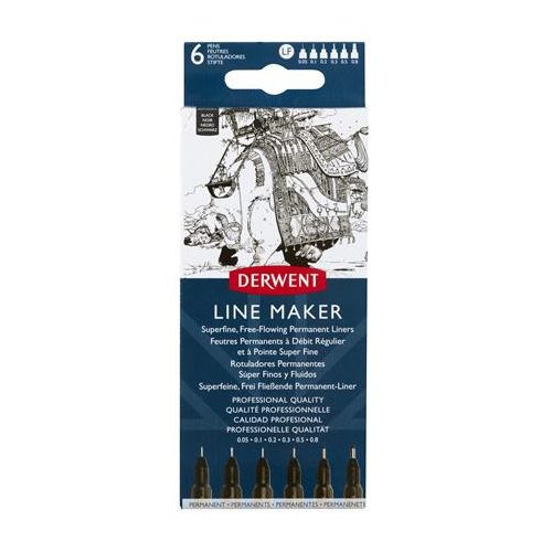 Tűfilc szett, 0,05/0,1/0,2/ 0,3/0,5/0,8 mm, DERWENT "Line Marker", fekete