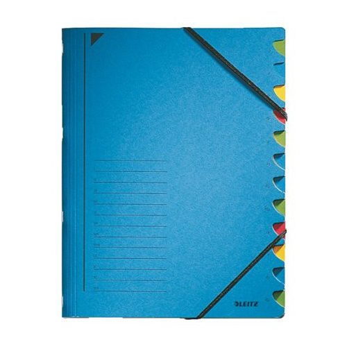 Gumis mappa, karton, A4, regiszteres, 12 részes, LEITZ, kék
