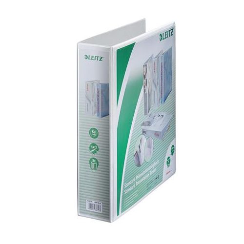 Gyűrűs könyv, panorámás, 4 gyűrű, D alakú, 77 mm, A4 Maxi, PP, LEITZ, fehér