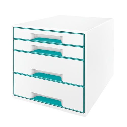 Irattároló, műanyag, 4 fiókos, LEITZ "Wow Cube", fehér/jégkék